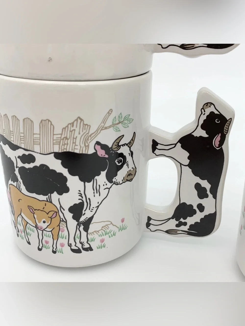 Vintage Enesco Cow Coffee Mug Cow-Shaped Handle FOUR {4} PIECE SET USED.